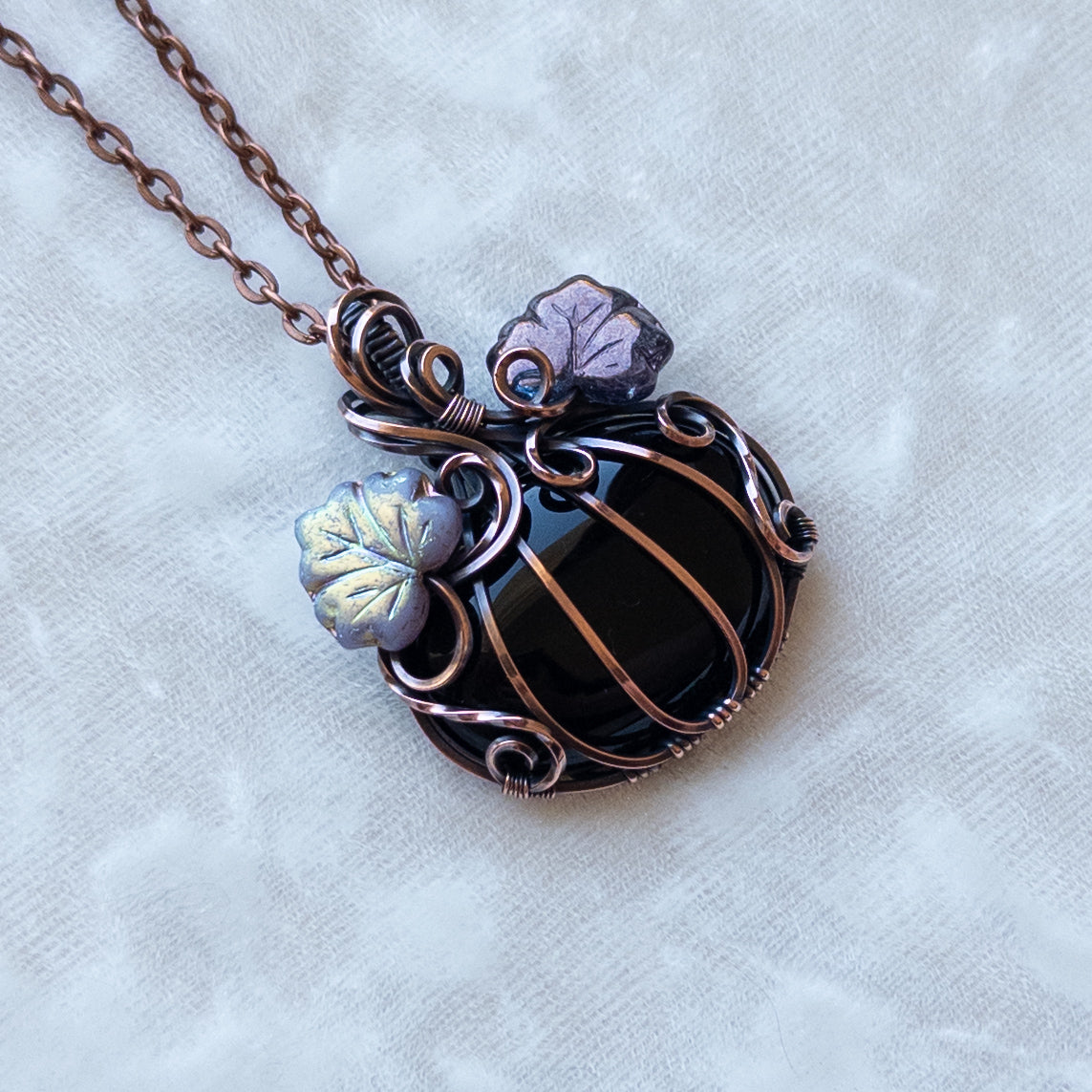 Black Onyx Antiqued Copper Pumpkin Pendant With Purple Leaves