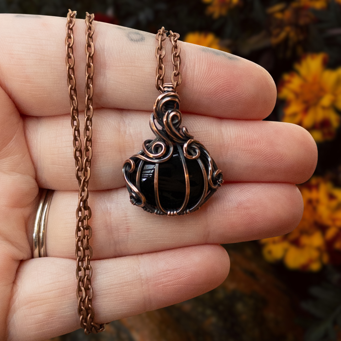 Obsidian Antiqued Copper Pumpkin Pendant