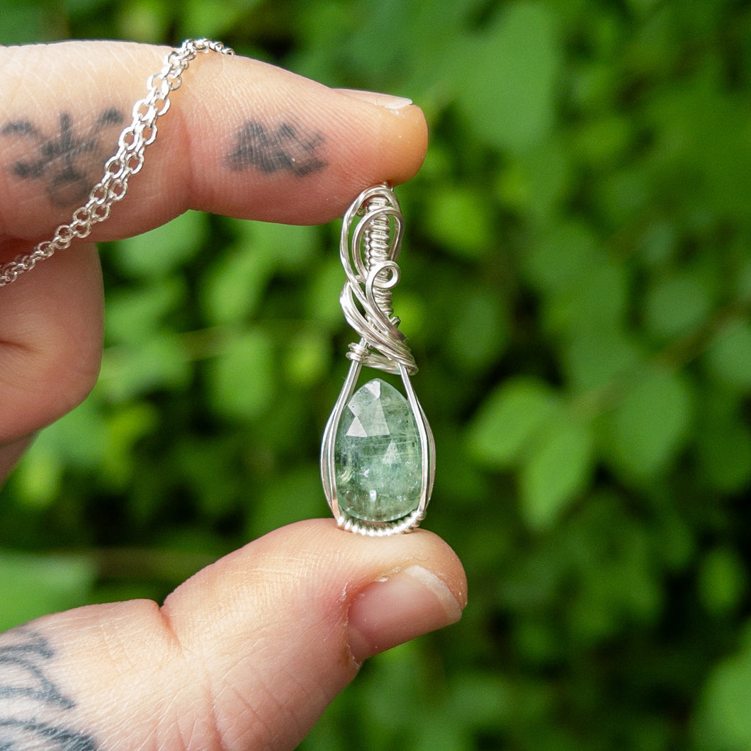 Faceted Green Kyanite & Sterling Silver Wrapped Pendant