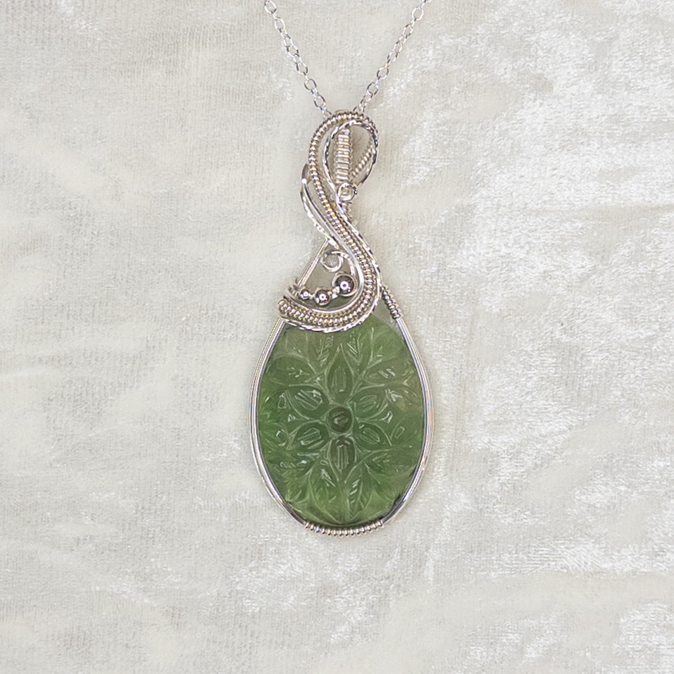 Floral Motif Carved Green Fluorite .925 Sterling Silver Pendant