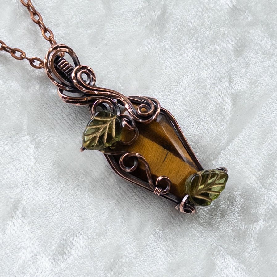 Tiger’s Eye Coffin & Leaves Antiqued Copper Pendant