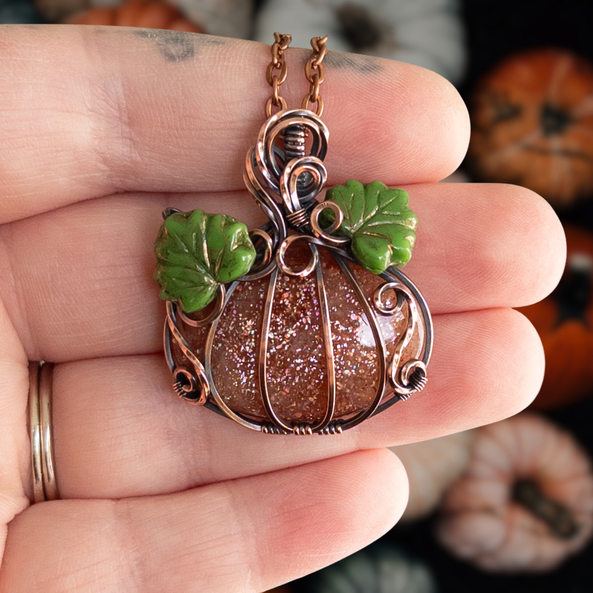 Confetti Sunstone Antiqued Copper Pumpkin Pendant With Czech Glass Leaves