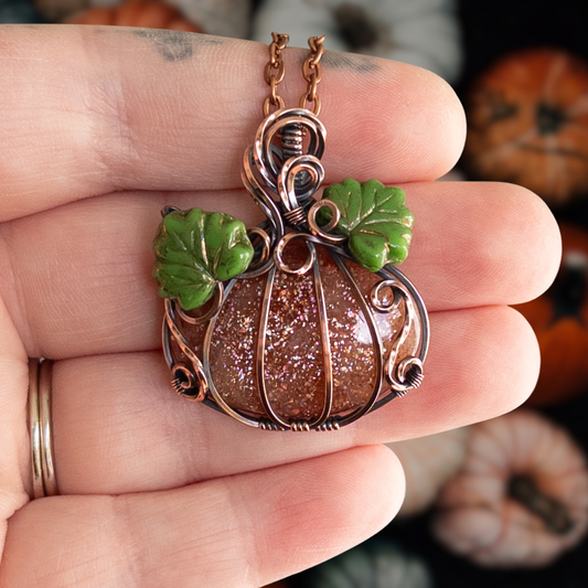 Confetti Sunstone Antiqued Copper Pumpkin Pendant With Czech Glass Leaves