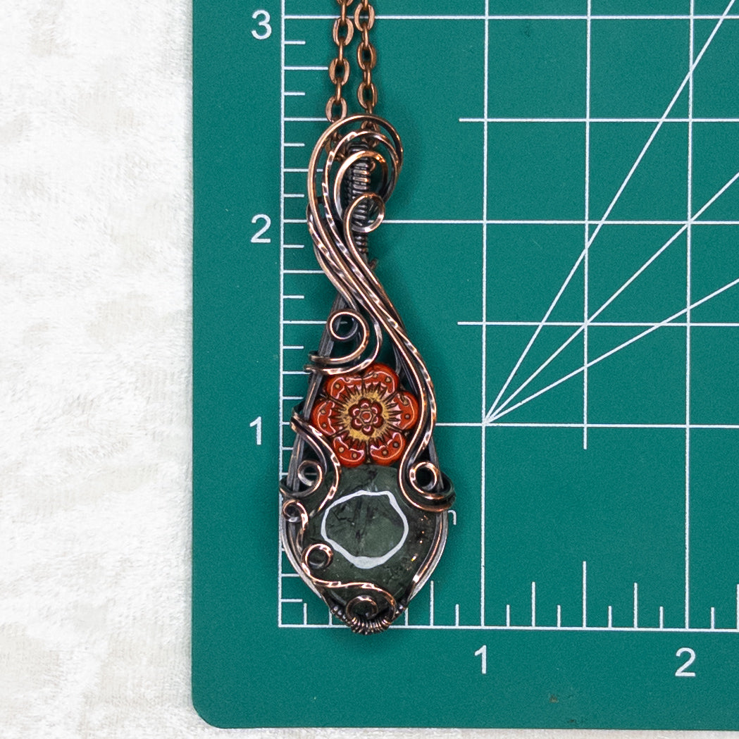 Prehnite & Czech Glass Flower Antiqued Copper Pendant