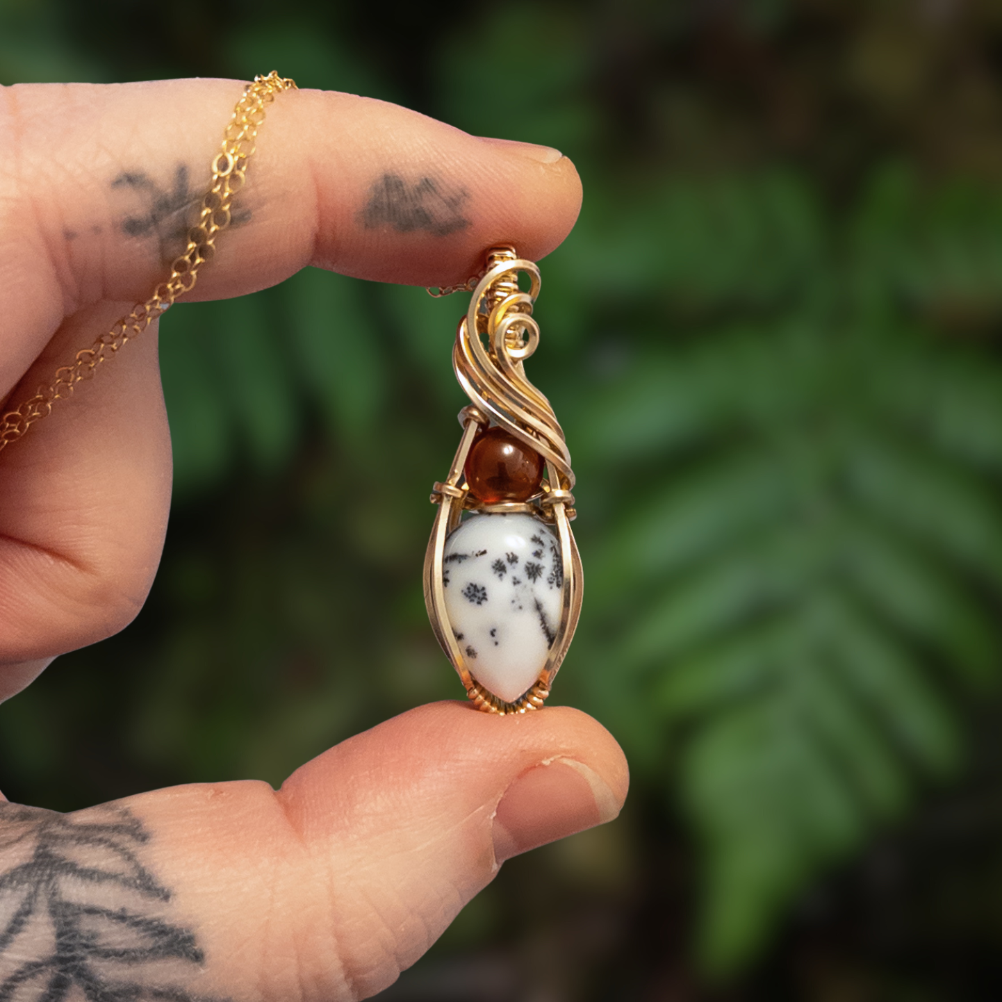 Dendritic Opal & Hessonite Garnet 14k Gold Fill Pendant