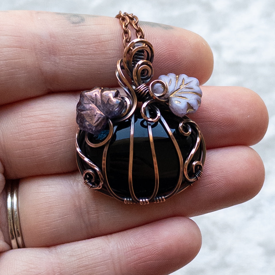 Black Onyx Pumpkin Pendant With Purple Czech Glass Leaves - Antiqued Copper