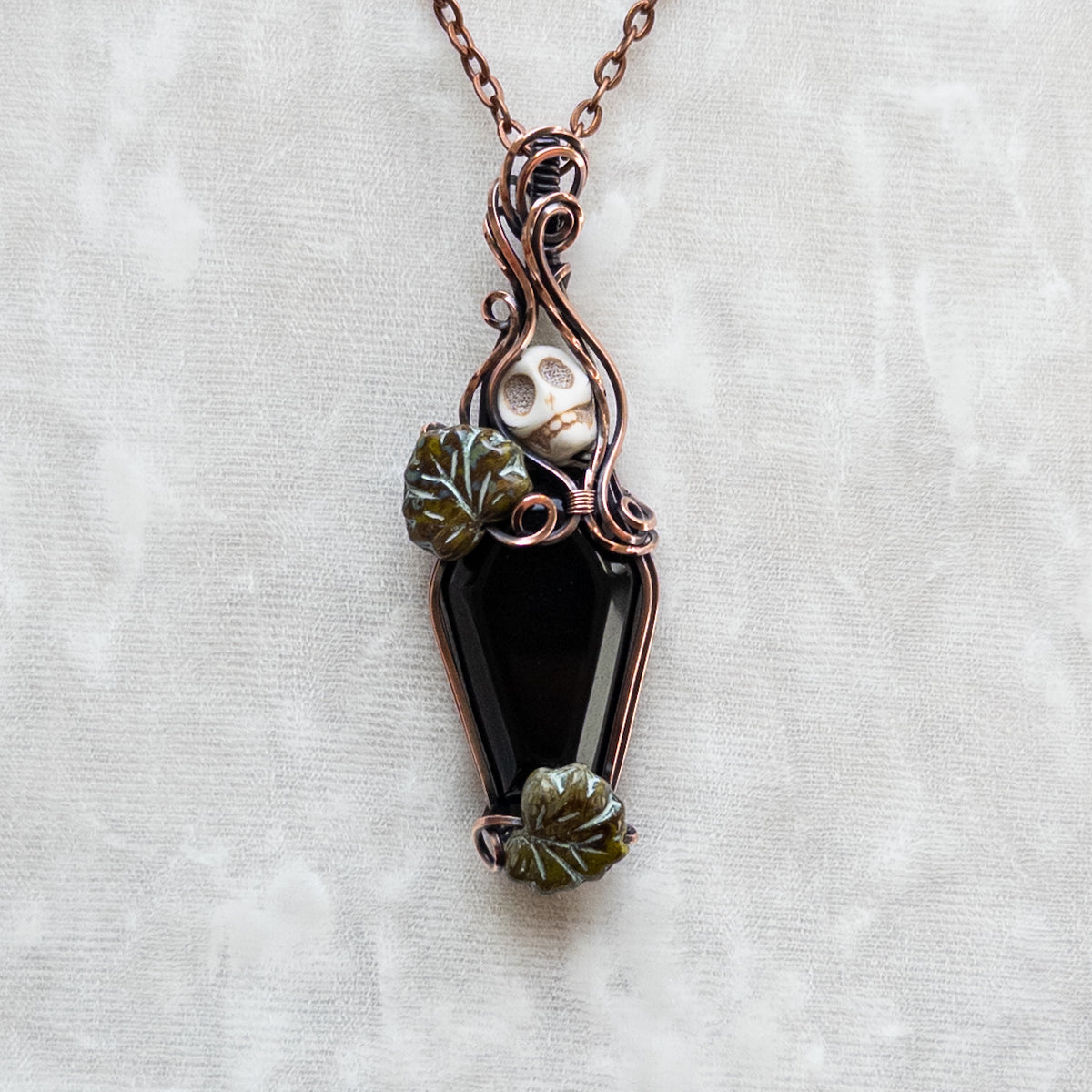 Obsidian Coffin & Skull Antiqued Copper Pendant With Czech Glass Leaves
