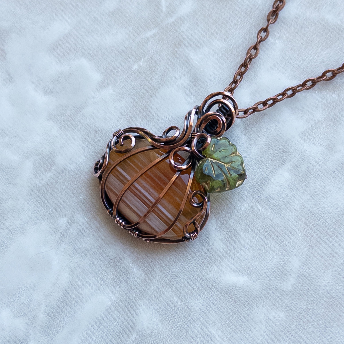 “Candy Corn” Banded Agate Antiqued Copper Pumpkin Pendant With Czech Glass Leaf