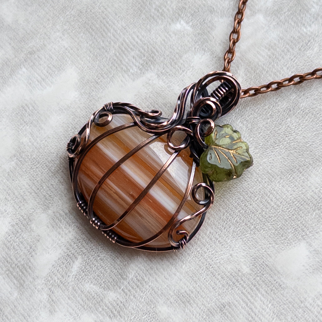 “Candy Corn” Banded Agate Antiqued Copper Pumpkin Pendant With Czech Glass Leaf