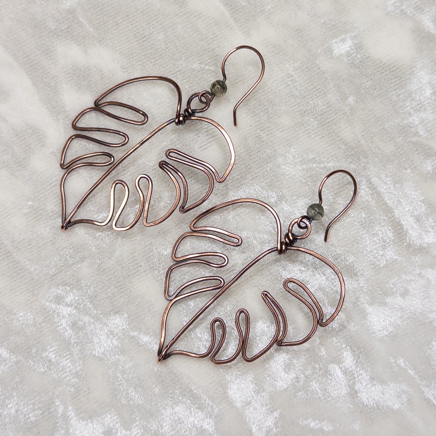 Moss Agate Hammered Monstera Leaf Antiqued Copper Earrings