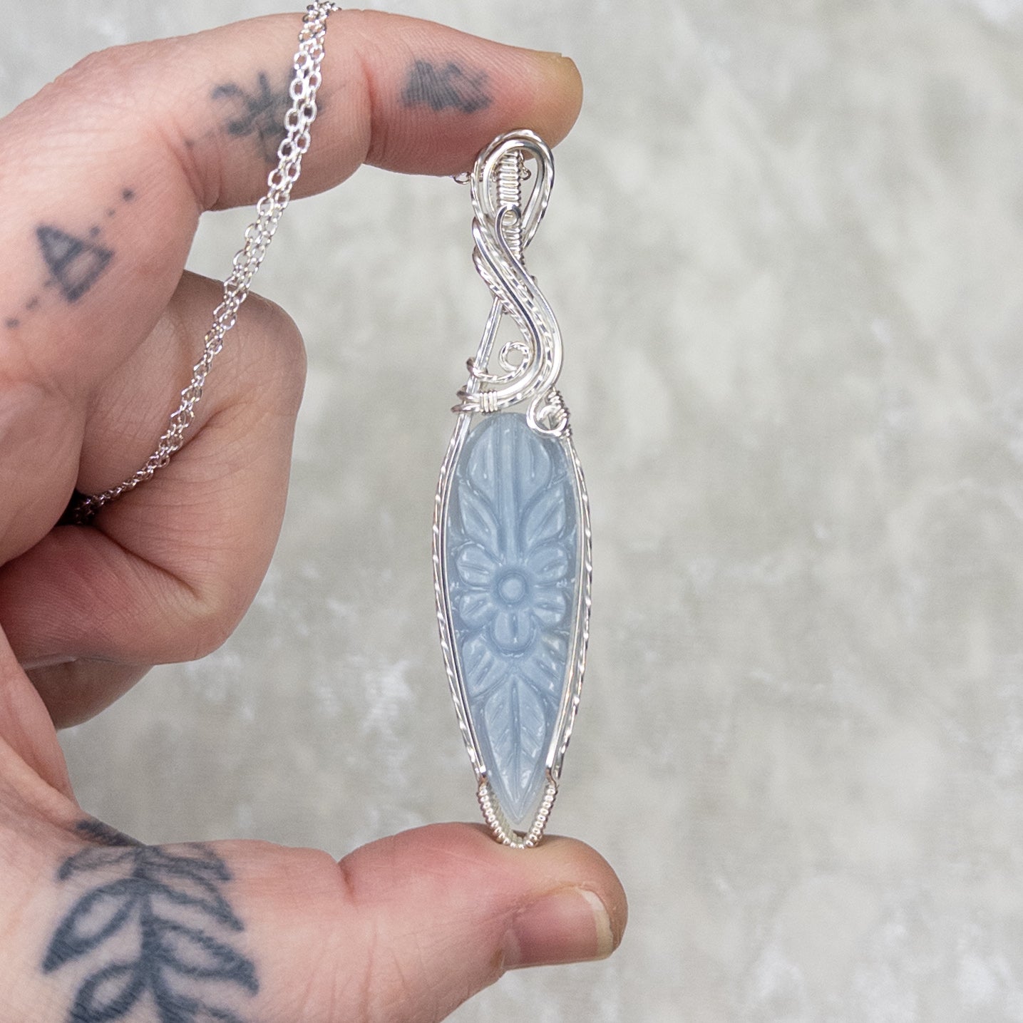 Flower Carved Angelite .925 Sterling Silver Pendant