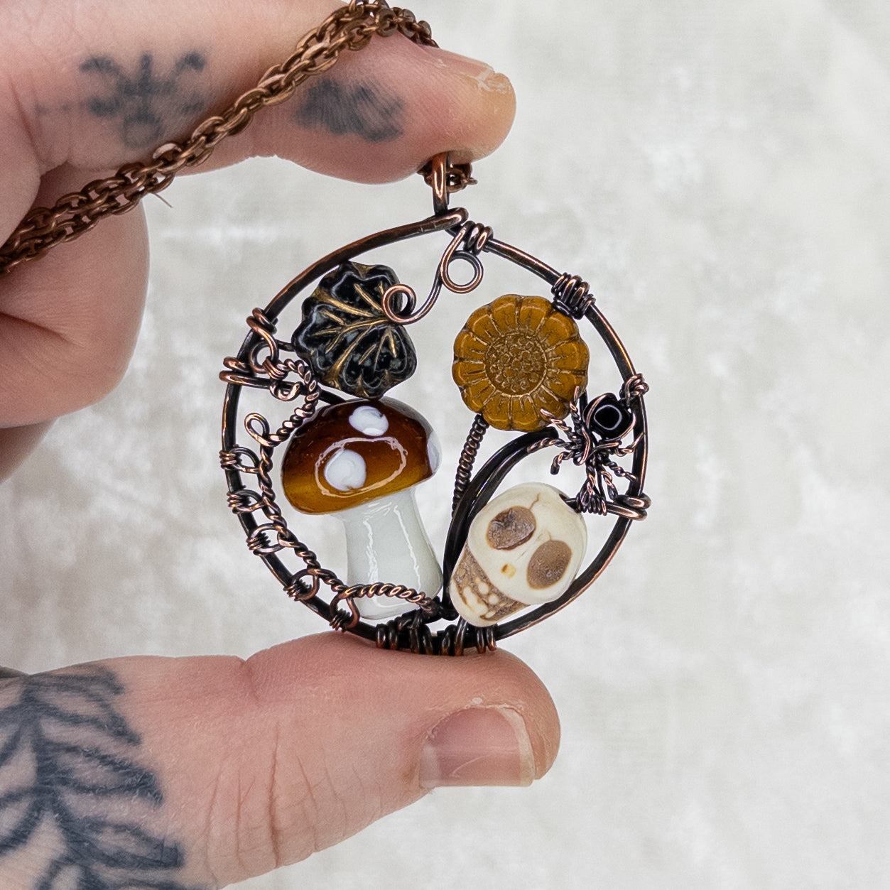 “Autumn Rest” Antiqued Copper Pendant With Czech Glass Botanical Beads, Lampwork Mushroom Bead, Stone Skull Bead, And Tiny Glass & Wire Spider