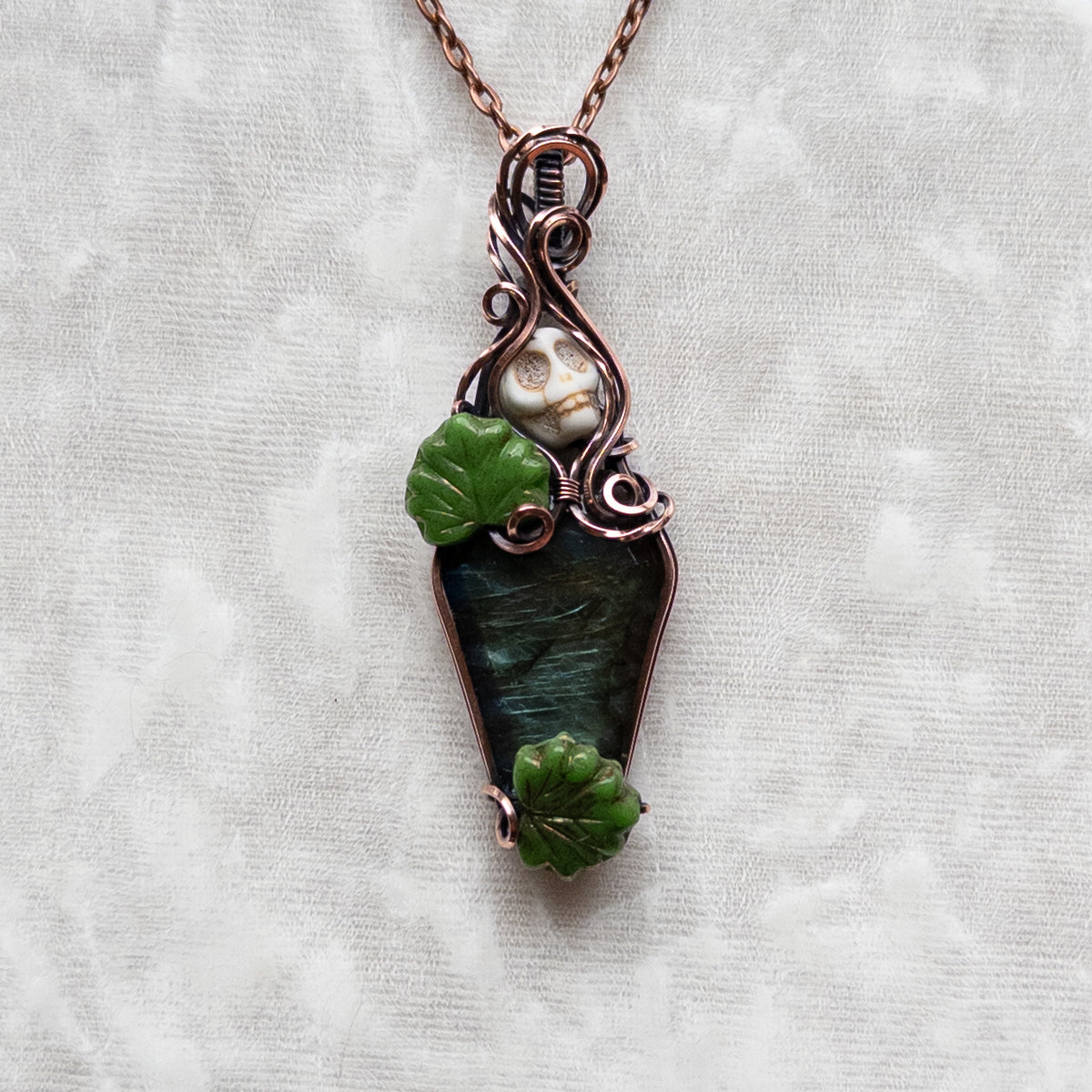 Labradorite Coffin & Skull Antiqued Copper Pendant With Czech Glass Leaves