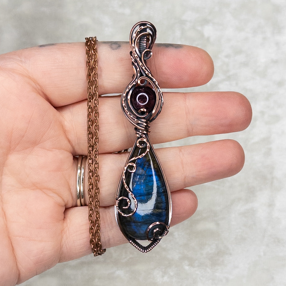 Blue Labradorite & Garnet Antiqued Copper Pendant