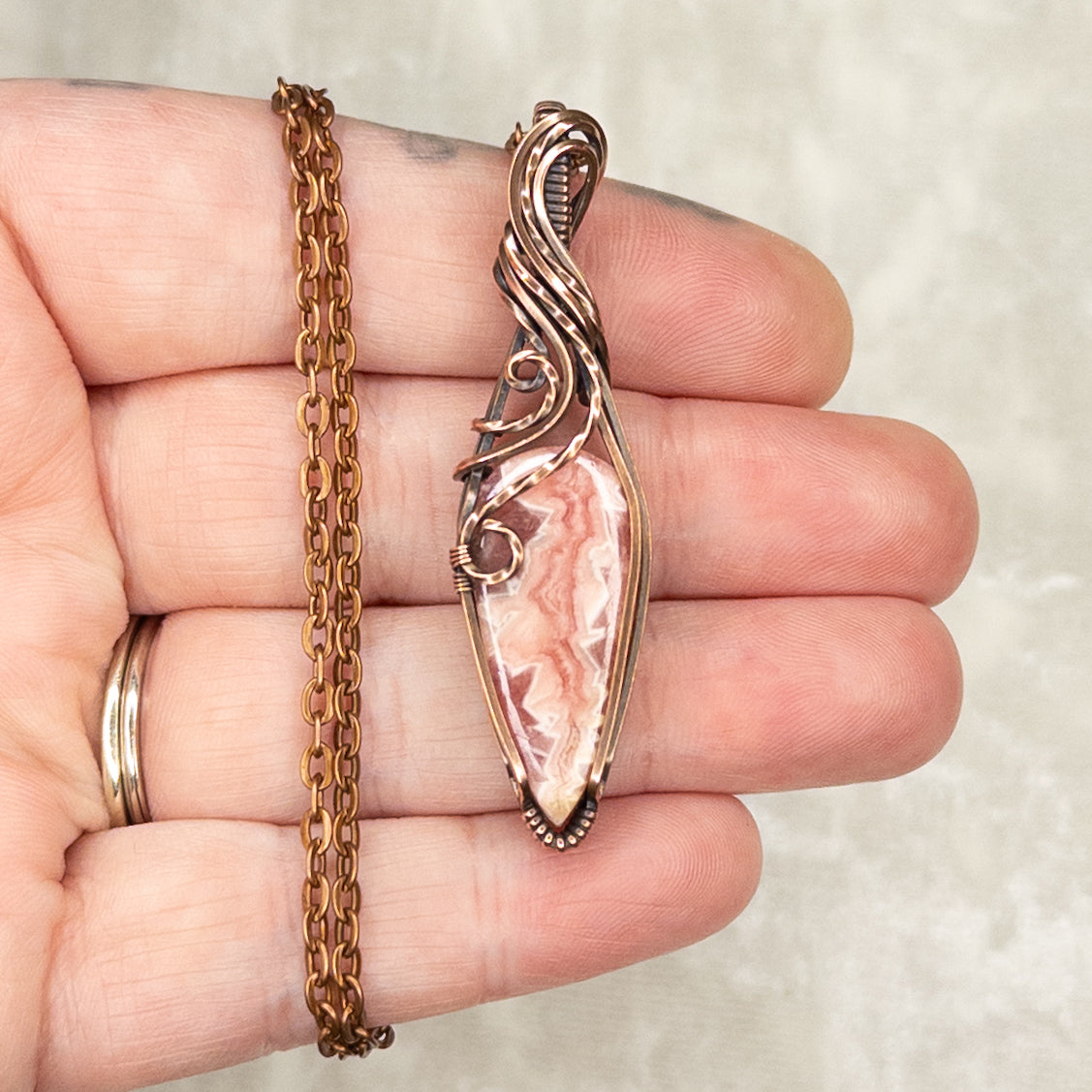 Rhodochrosite Antiqued Copper Pendant