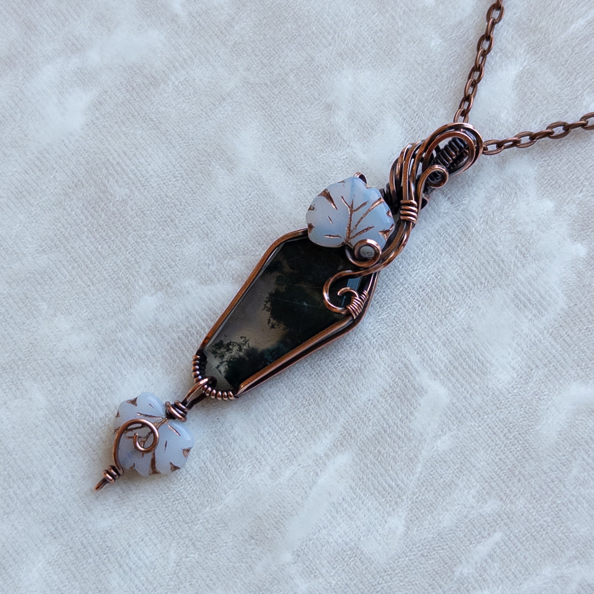 Moss Agate Coffin With Czech Glass Leaves Antiqued Copper Pendant