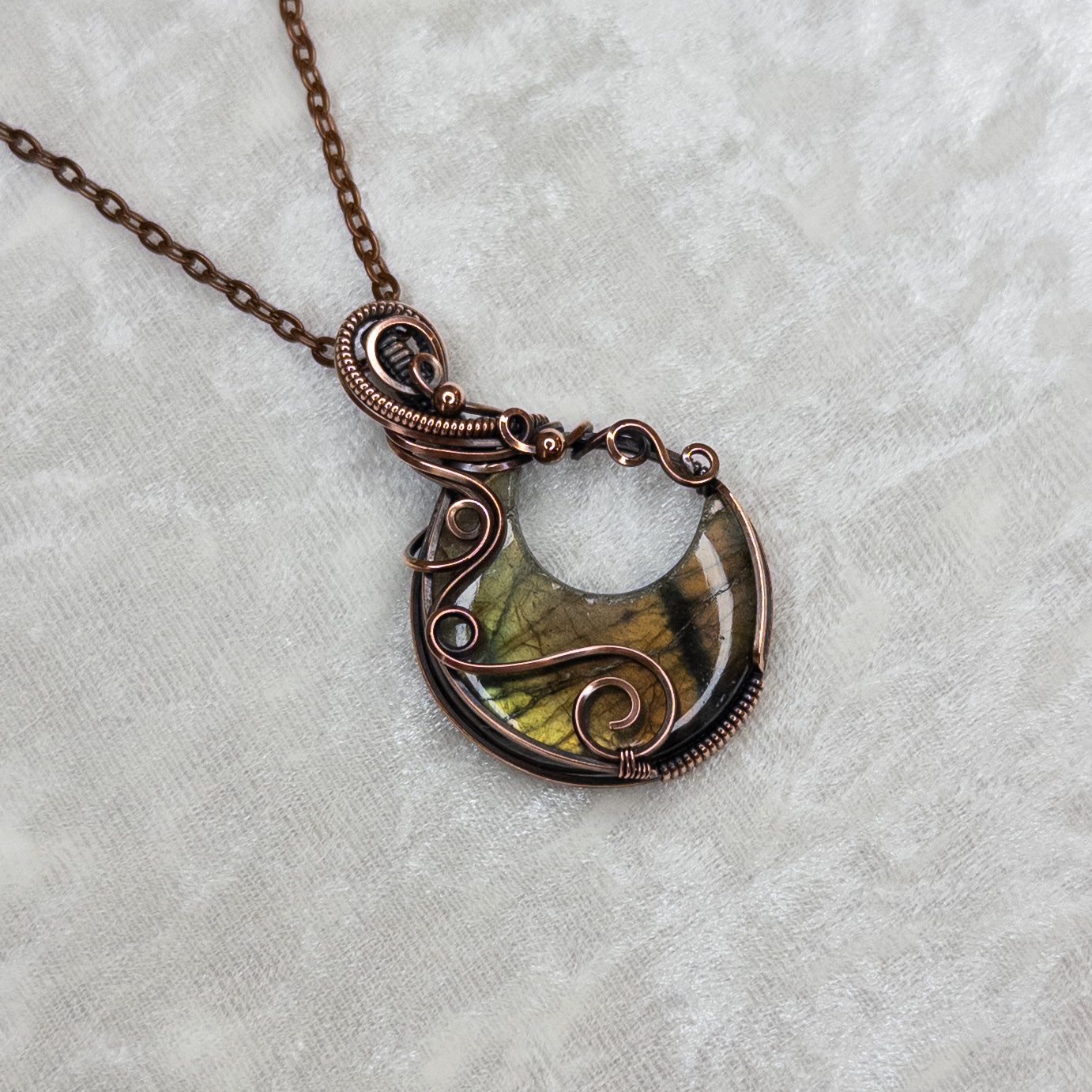 Golden Labradorite Moon Antiqued Copper Pendant