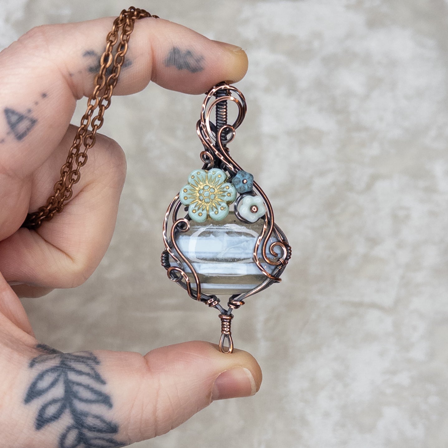 Banded Blue Opal & Czech Glass Antiqued Copper “Bouquet” Pendant