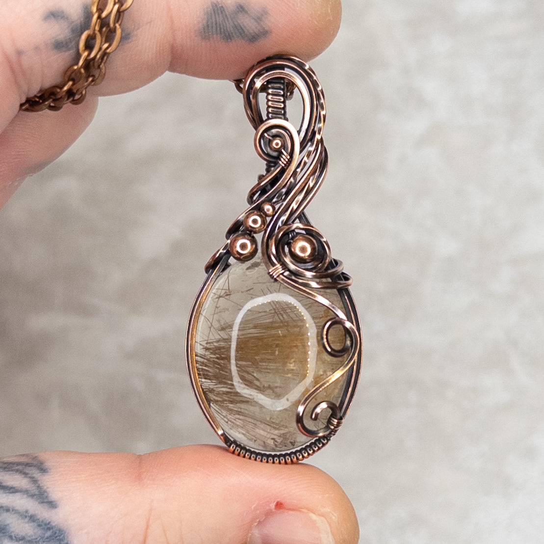Golden Rutilated Quartz Antiqued Copper Pendant
