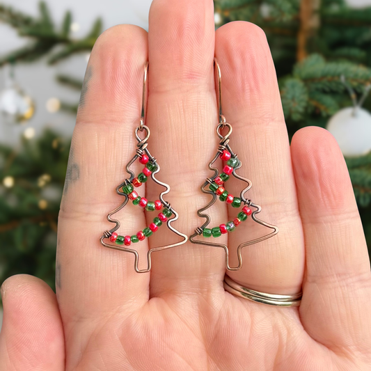 Hammered & Antiqued Copper Christmas Tree Earrings With Glass Bead “Garland”