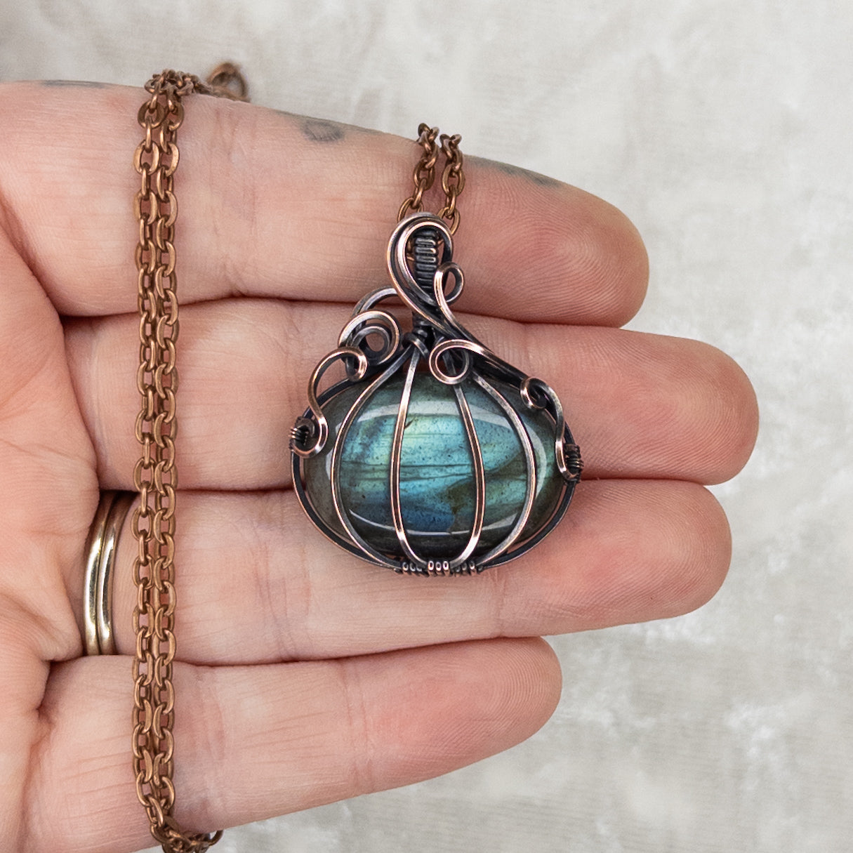 Labradorite Antiqued Copper Pumpkin Pendant