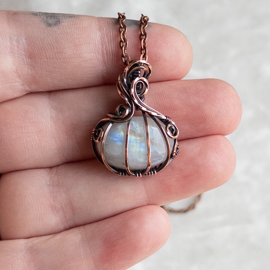 Mini Rainbow Moonstone Antiqued Copper Pumpkin Pendant