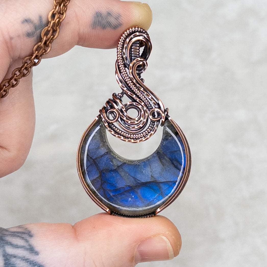 Deep Blue Labradorite Moon Antiqued Copper Pendant