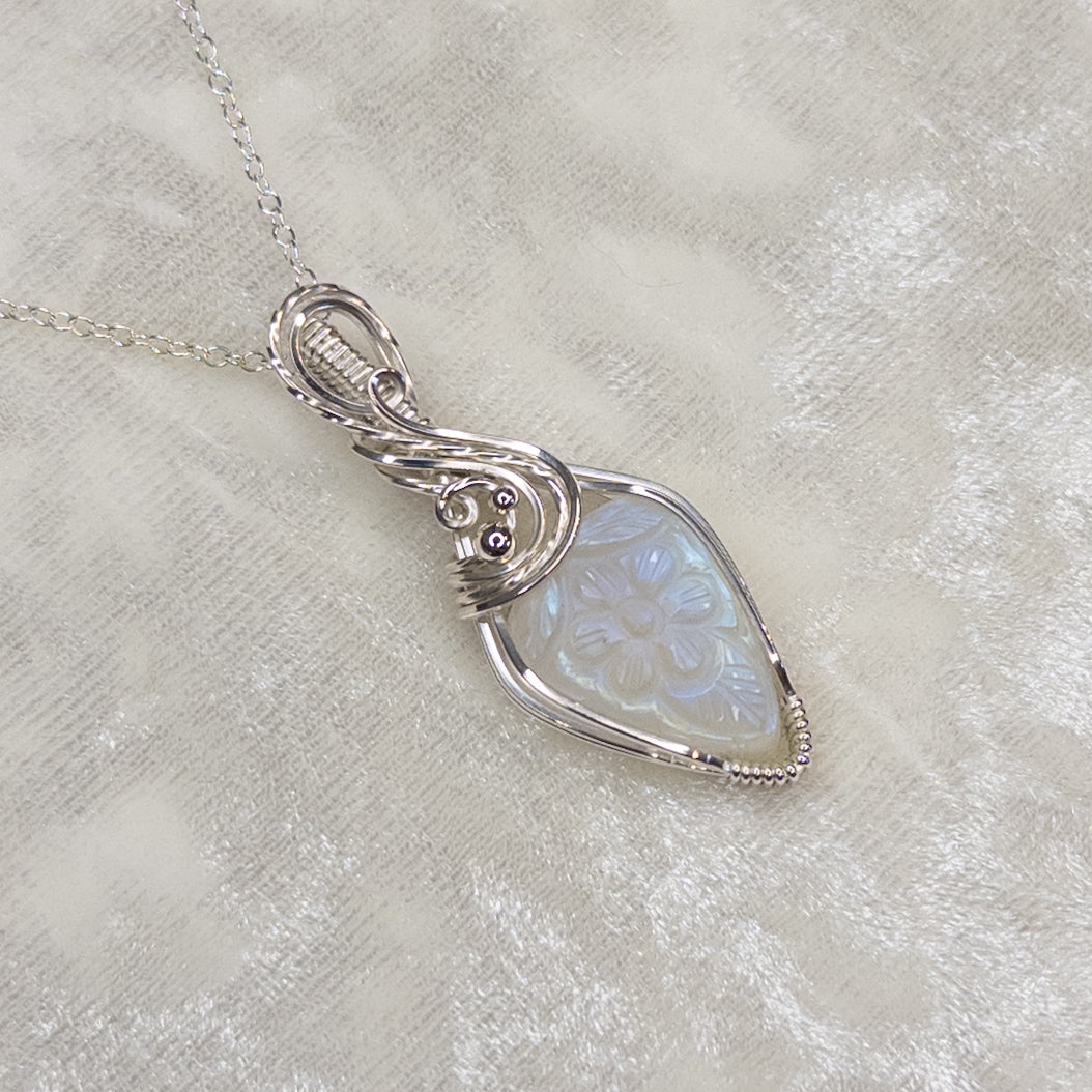 Flower Carved Moonstone .925 Sterling Silver Pendant