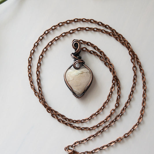 Flower Agate Heart Copper Wrapped Pendant - B