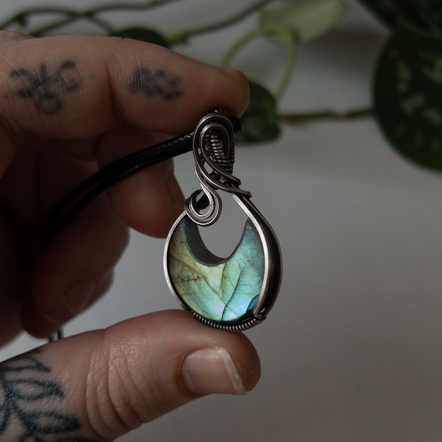 Labradorite Moon & Sterling Silver Wrapped Pendant