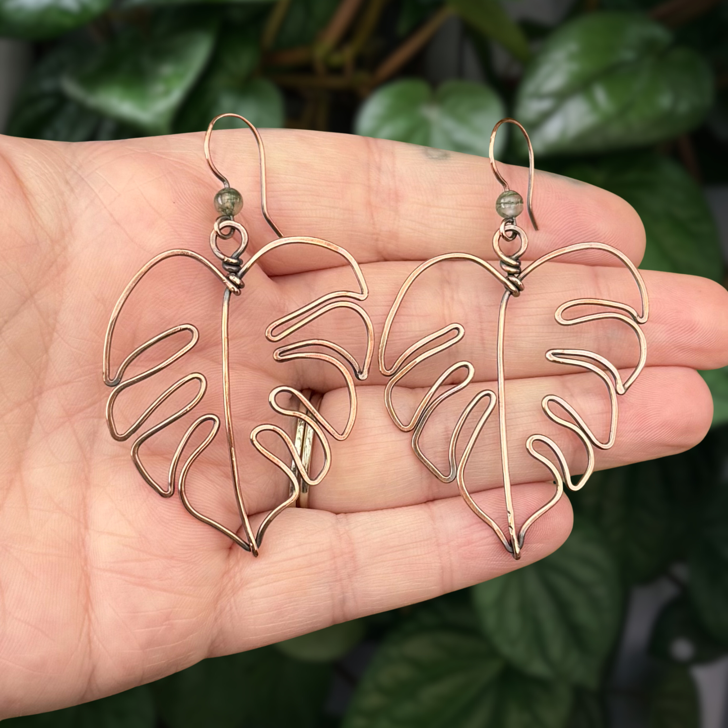Moss Agate Hammered Monstera Leaf Antiqued Copper Earrings