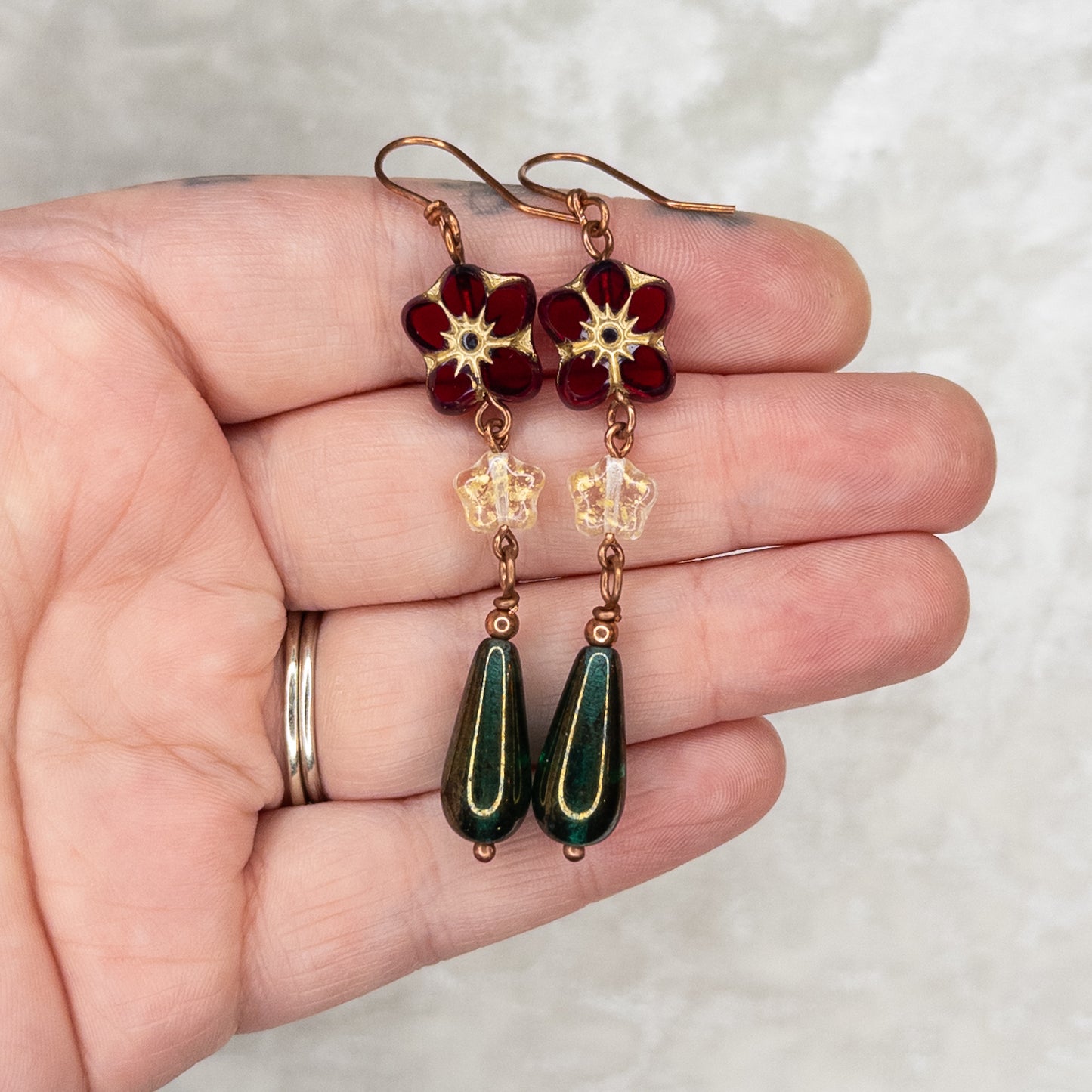 Poinsettia, Star, & Gold/Green Teardrop Dangle Earrings