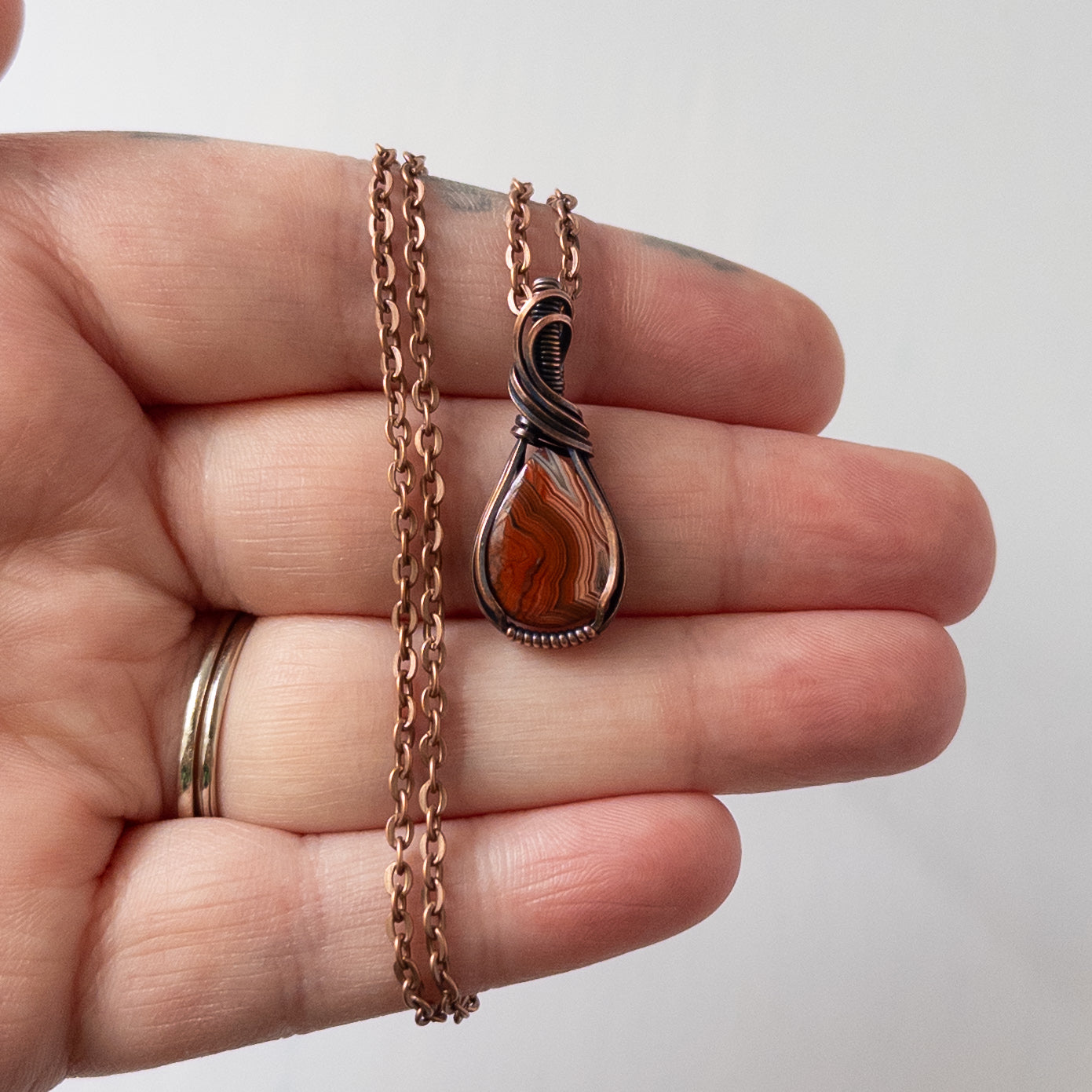 Dainty Mexican Lace Agate Copper Wrapped Pendant