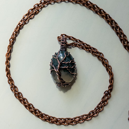 Moss Agate Tree Oval Antiqued Copper Pendant