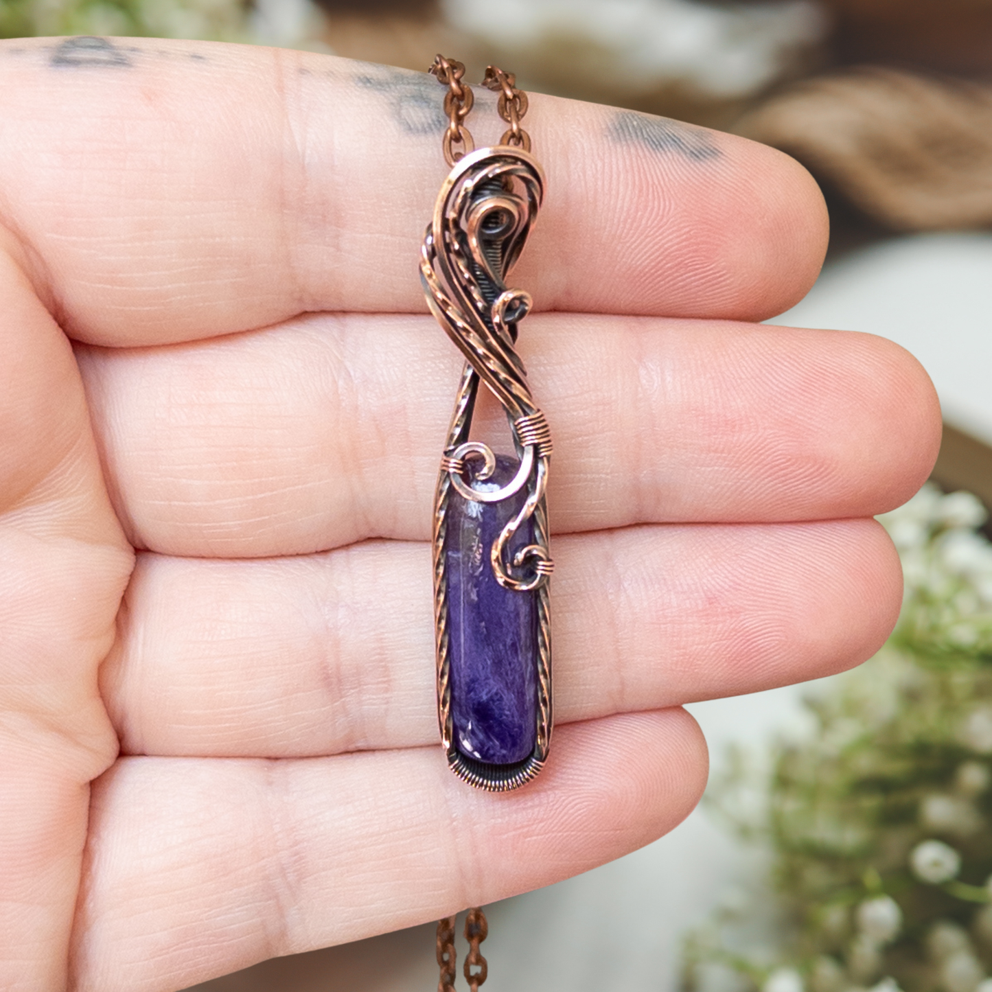 Dainty Charoite Antiqued Copper Pendant