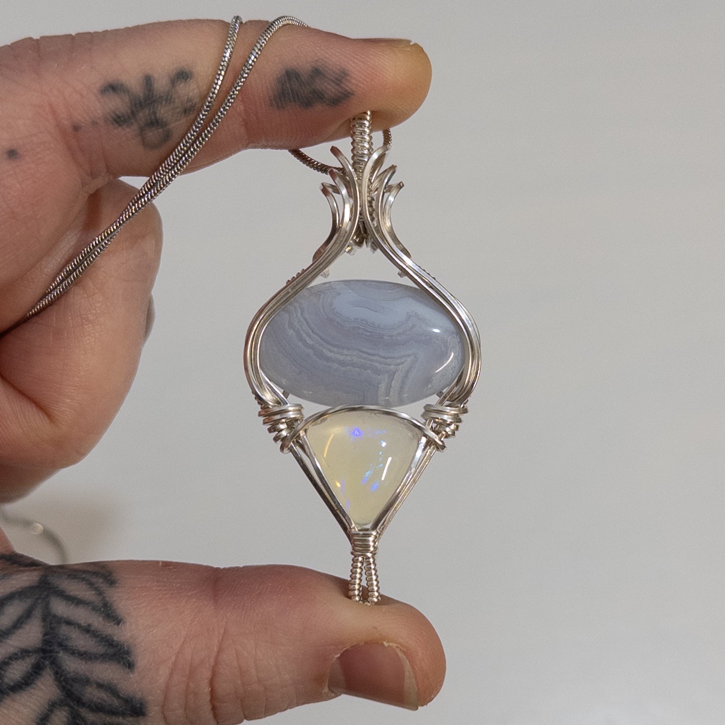 Blue Lace Agate & 6ct. Opal Sterling Silver Pendant