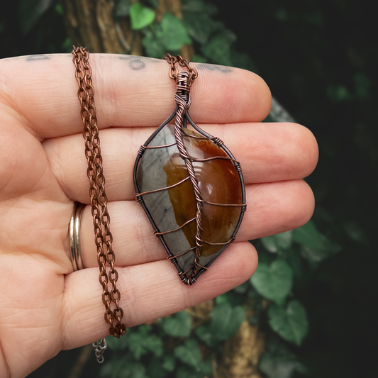 Polychrome Jasper Leaf Antiqued Copper Pendant