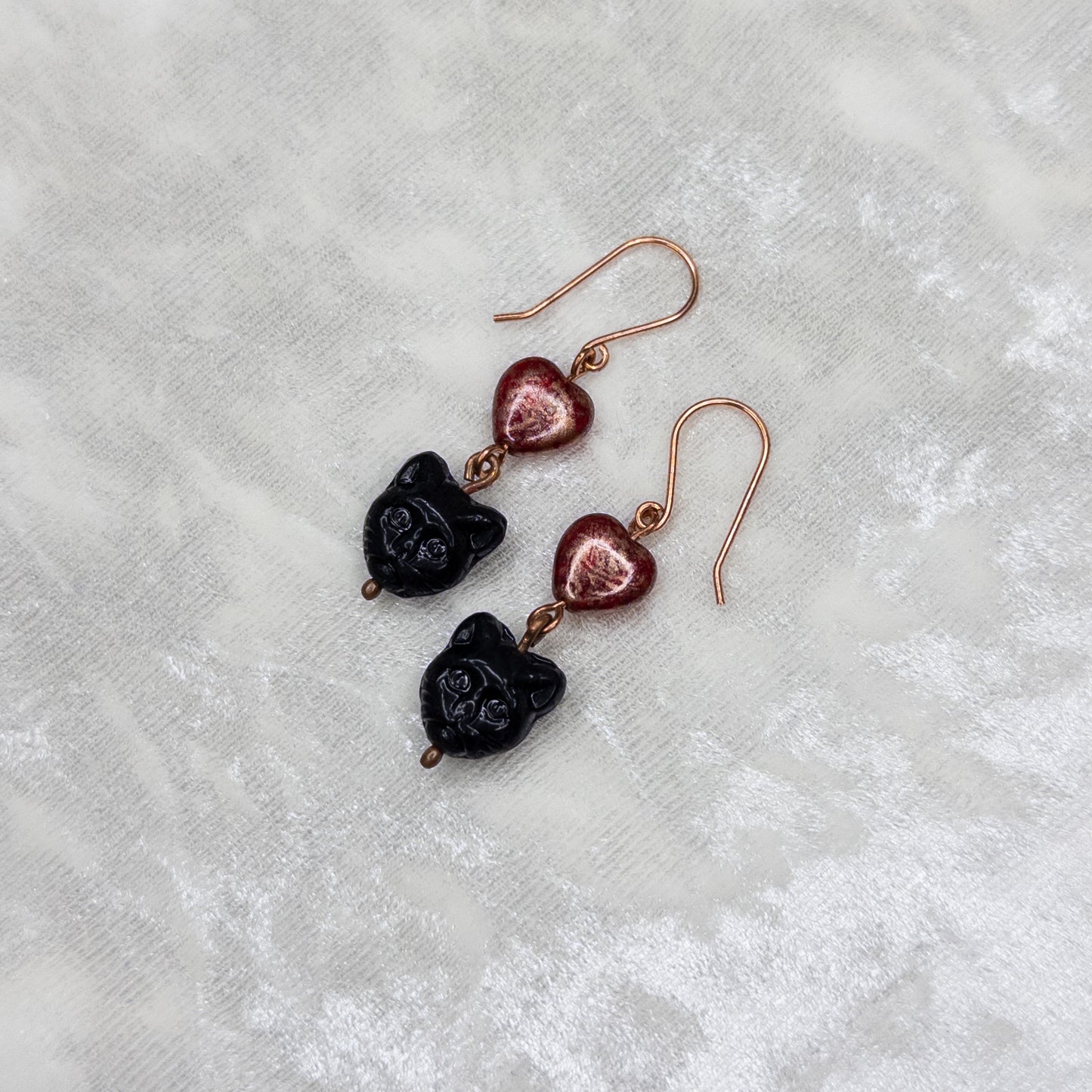Black Cat & Hearts Czech Glass Copper Earrings