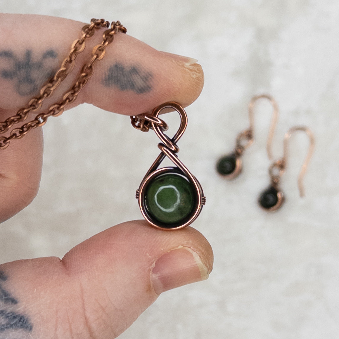 Drops of Jade Antiqued Copper Pendant & Earrings Set