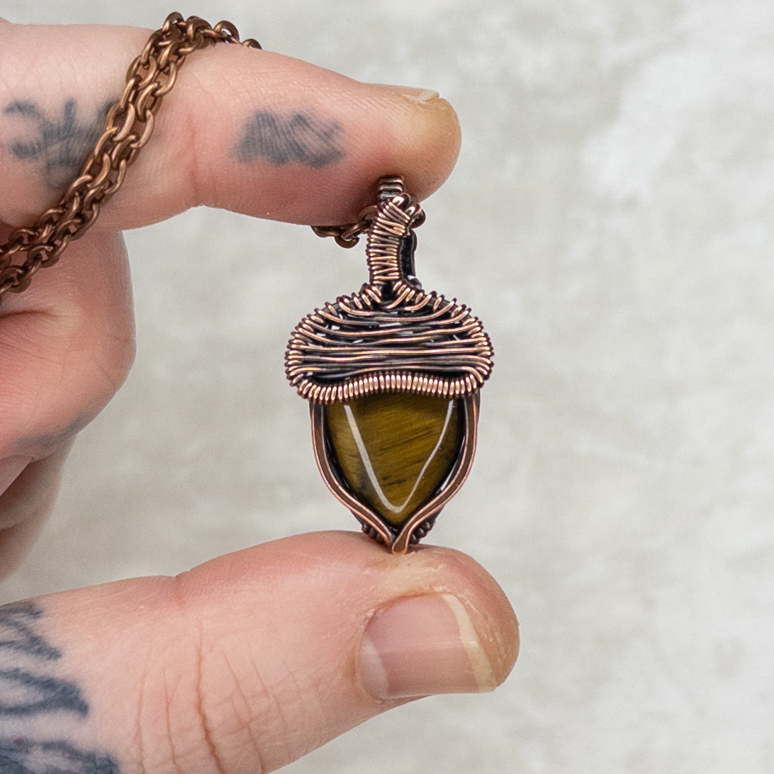 Tiger’s Eye Acorn Antiqued Copper Pendant