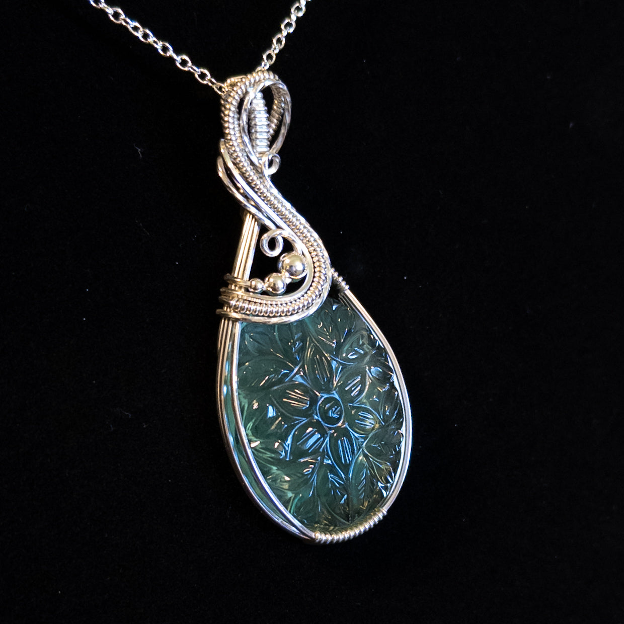 Floral Motif Carved Green Fluorite .925 Sterling Silver Pendant