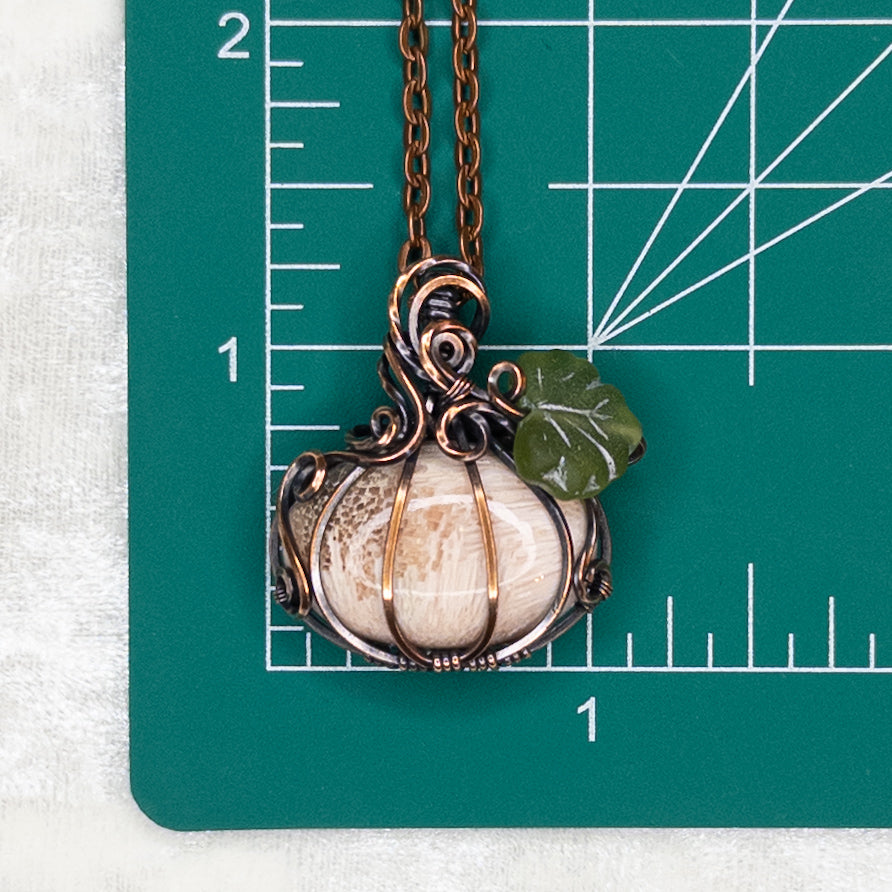 Pink Scolecite Antiqued Copper Pumpkin Pendant With Czech Glass Leaf