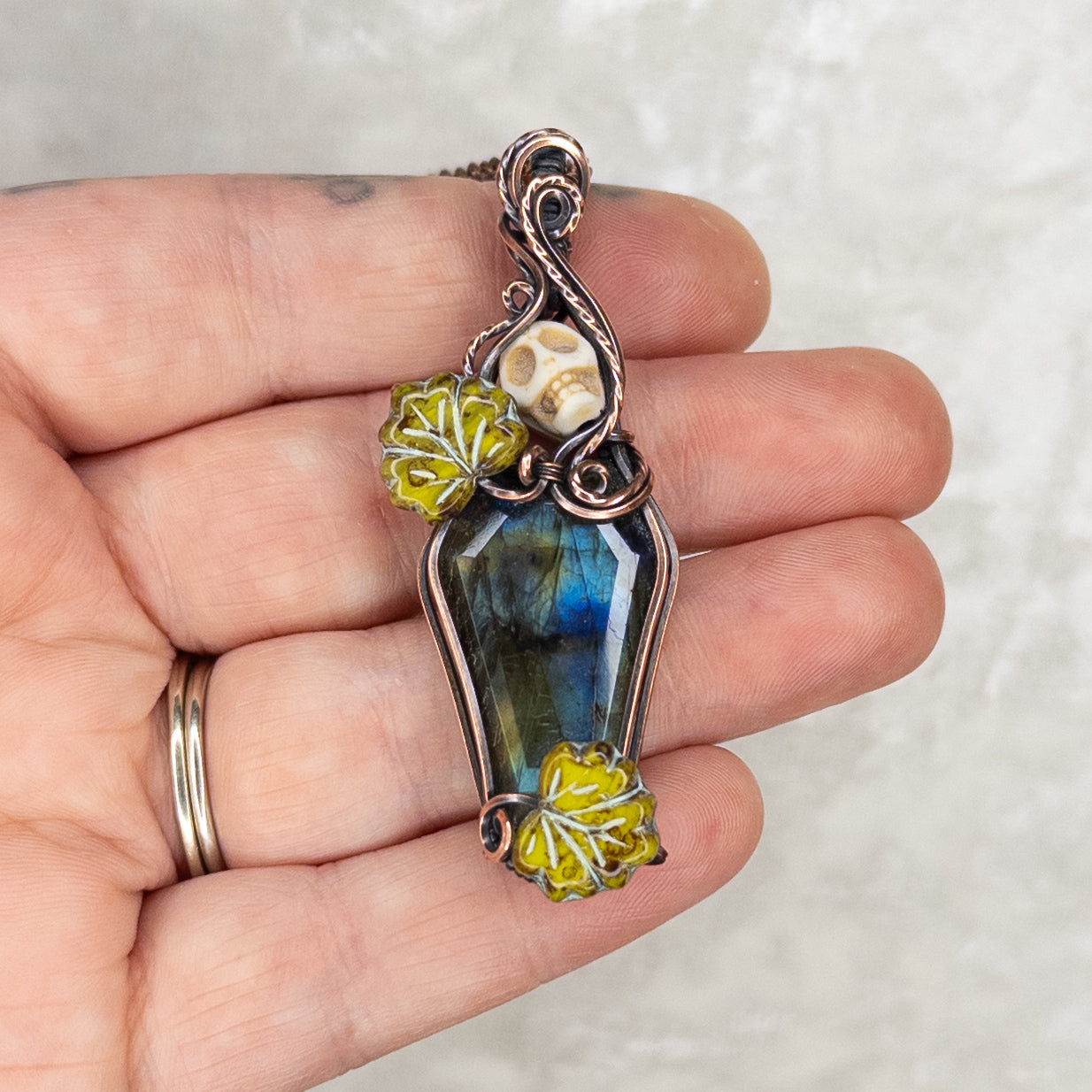 Labradorite Coffin Antiqued Copper Pendant With Stone Skull & Czech Glass Leaves