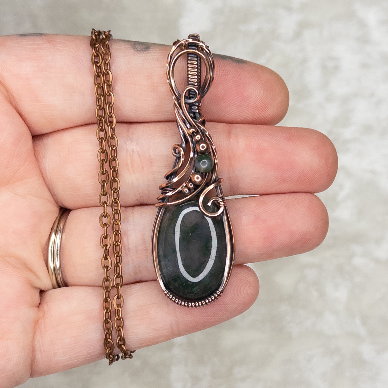 Moss Agate Antiqued Copper Pendant With Moss Agate & Copper Beads