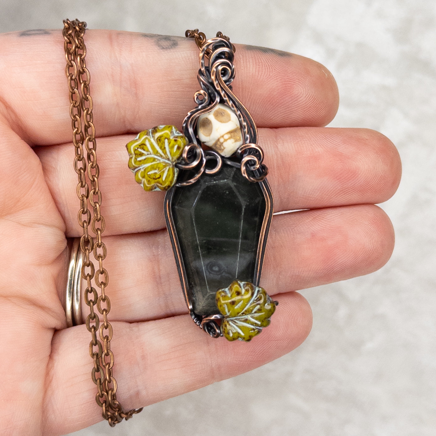 African Bloodstone Coffin & Skull Antiqued Copper Pendant With Czech Glass Leaves
