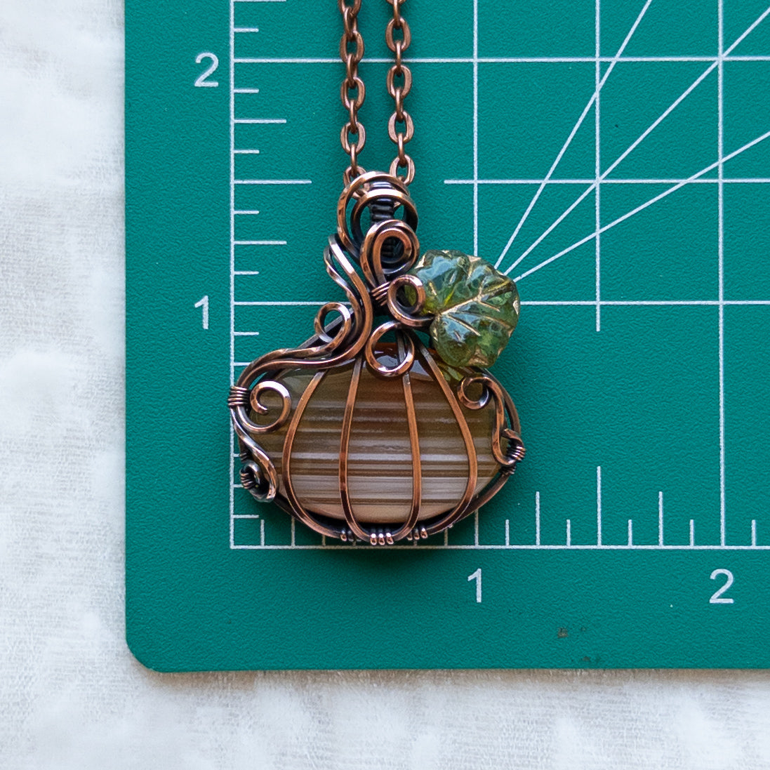 “Candy Corn” Banded Agate Antiqued Copper Pumpkin Pendant With Czech Glass Leaf