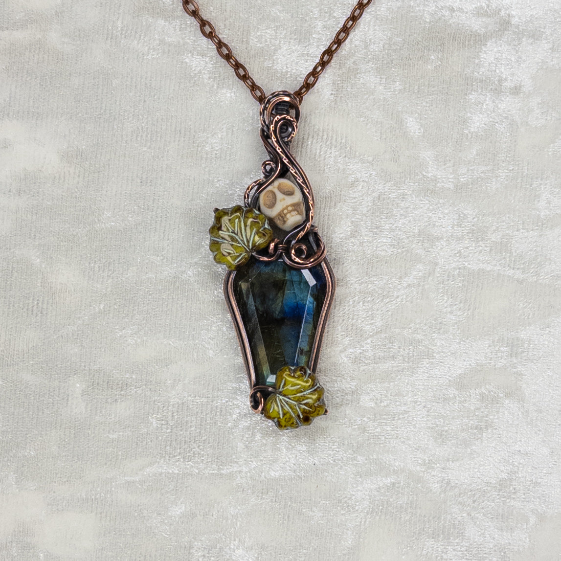 Labradorite Coffin Antiqued Copper Pendant With Stone Skull & Czech Glass Leaves