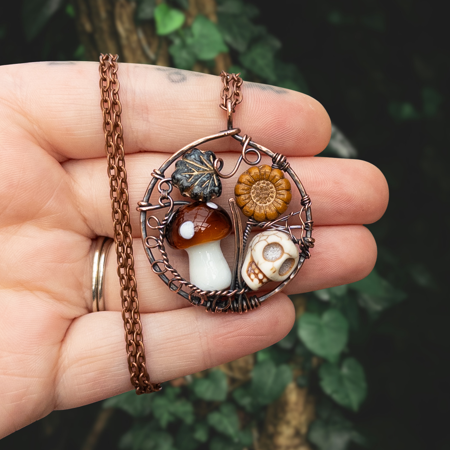 “Autumn Rest” V.2 Antiqued Copper Pendant With Czech Glass Botanical Beads, Lampwork Mushroom Bead, Stone Skull Bead, & Tiny Spiderweb