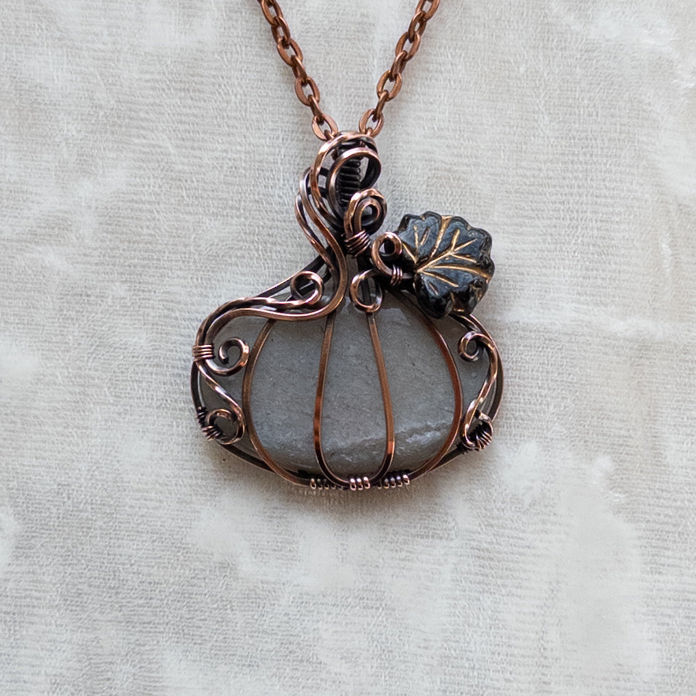 Grey Moonstone Antiqued Copper Pumpkin Pendant With Czech Glass Leaf