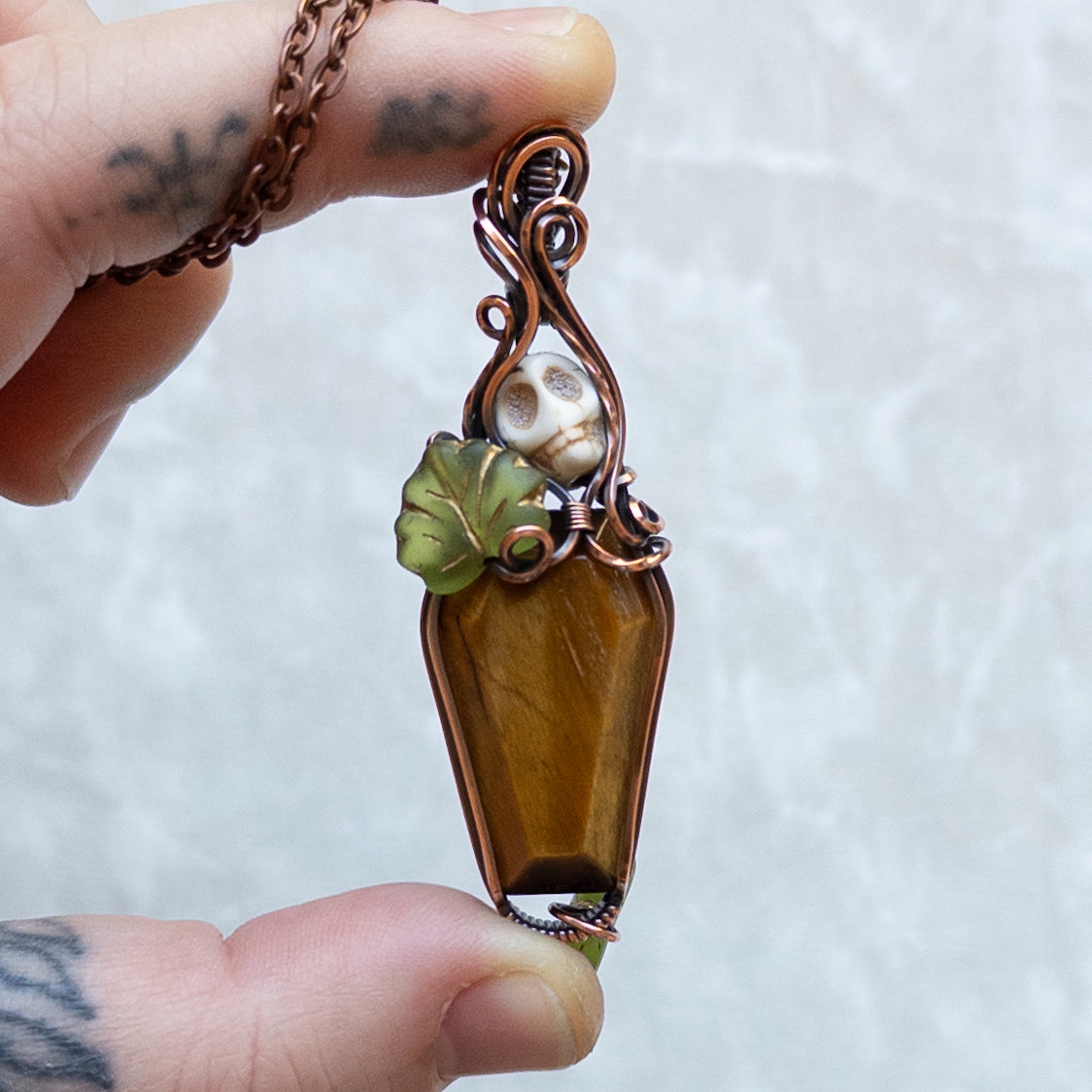 Tiger’s Eye Coffin & Skull Antiqued Copper Pendant With Czech Glass Leaves